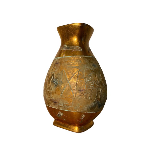 Vintage Egyptian vase with gold foil accents and hand carved hieroglyphics. Stunning from every angle. Unsigned.