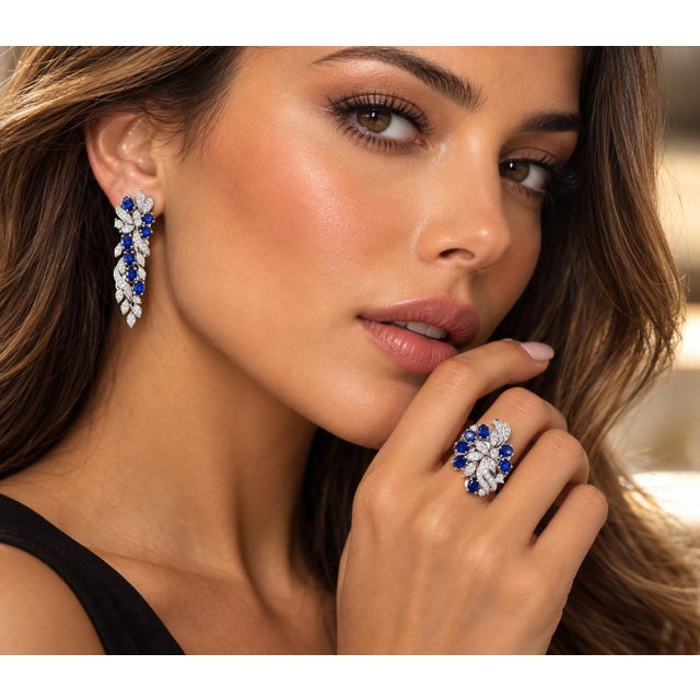 A magnificent two-piece matching fine jewelry suite crafted in solid 18K white gold, featuring a coordinating floral...