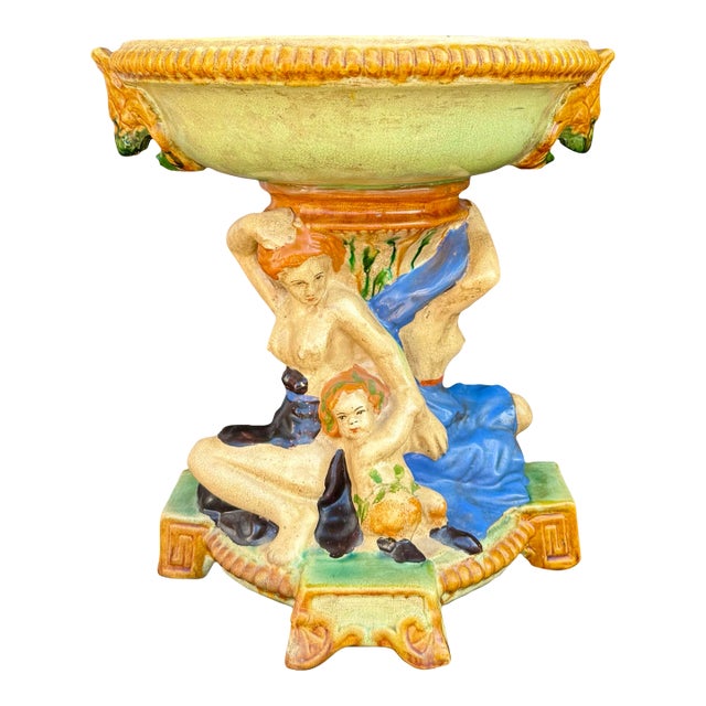 Antique English Minton-Style Majolica Figural Tazza Centerpiece With Maiden & Cherub For Sale