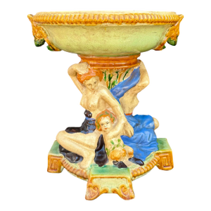 Antique Minton-Style Majolica Figural Tazza Centerpiece With Maiden & Cherub