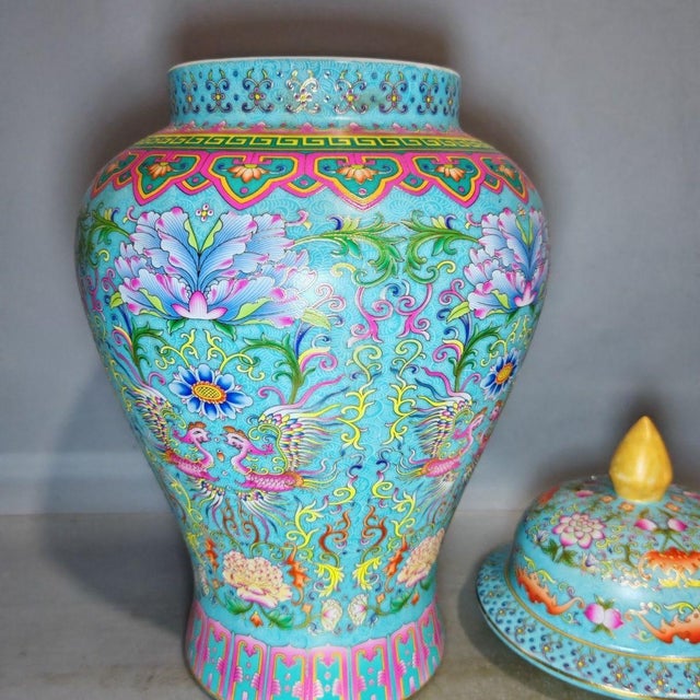 Pair of Large Vintage Cloisonné Enamel Phoenix & Lotus General Jars For Sale - Image 9 of 9