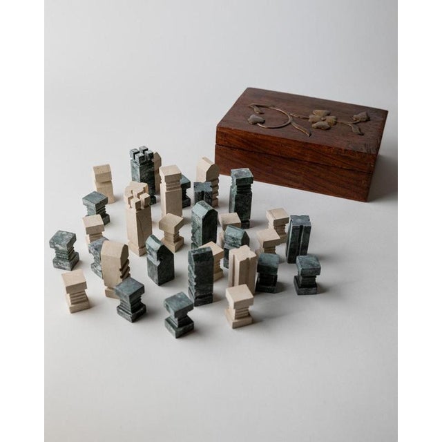 Stone Vintage Marble Chess Set in Green and Beige Stone Chess, 1970s, Set of 33 For Sale - Image 7 of 17