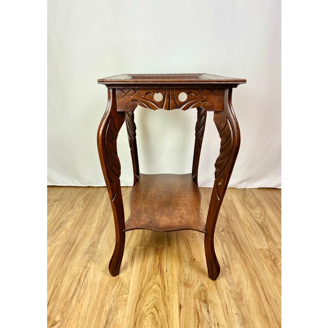 1920s 1920s Spanish Revival Inlaid Walnut Parlor Side Table With Hand-Carved Notched Rim For Sale - Image 5 of 10