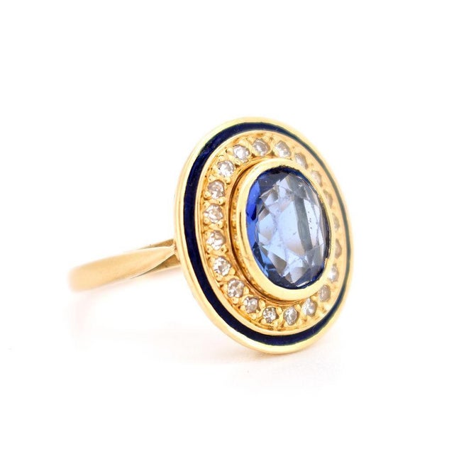 Mid-Century Modern 1960s Vintage Halo Ring, 18k Yellow Gold, Certified No-Heat Ceylon Sapphire 2cts For Sale - Image 3 of 6