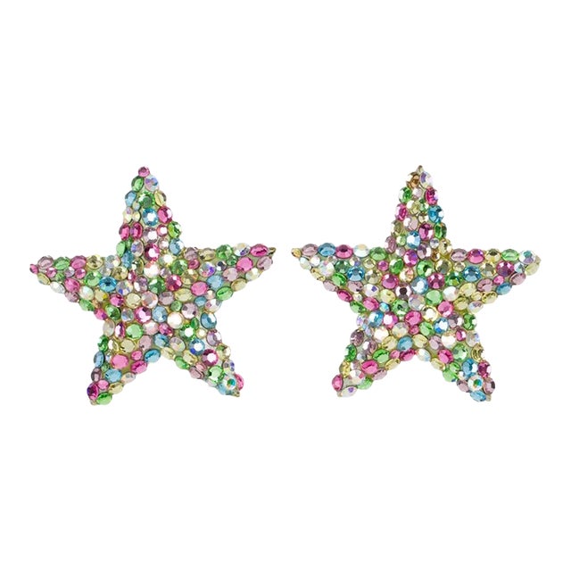 Richard Kerr Pastel Multicolor Star Jeweled Clip Earrings - 2 Pieces For Sale