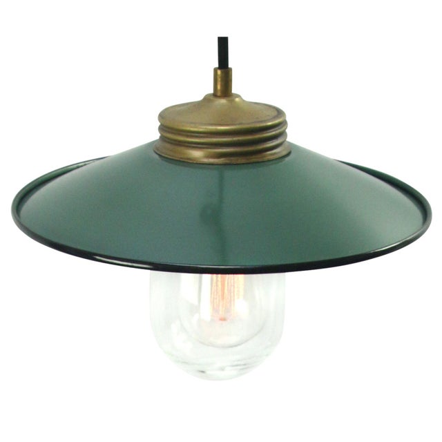 Petrol enamel Industrial hanging lamp. Clear glass with brass top. E27 / E26 Up to 250V (Europe/UK Standard).The wiring of...