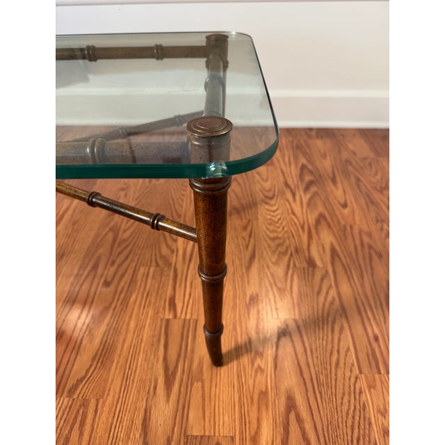 Vintage Regency Faux Bamboo Brown Metal, Brass & Glass Coffee Table For Sale - Image 9 of 11