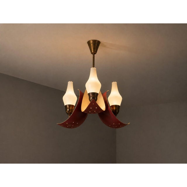 Bent Karlby, Danish Mid-Century Modern, Pendant Light or Chandelier, Brass, Red Lacquered Metal, Glass, Denmark, 1950s An...