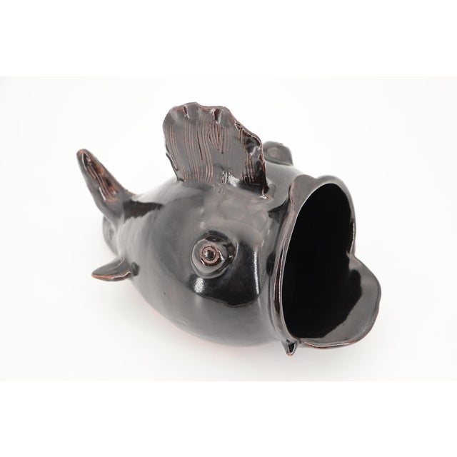 Rustic European 1940s Large Black Fish Sculpture, Earthenware, Portuguese For Sale - Image 3 of 15