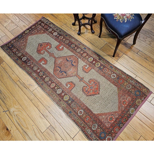 19th Century Antique Persian Malayer Runner Rug, Hand-Knotted Wool, Geometric Pattern, 3x7, Camelhair & Burgundy For Sale - Image 5 of 14