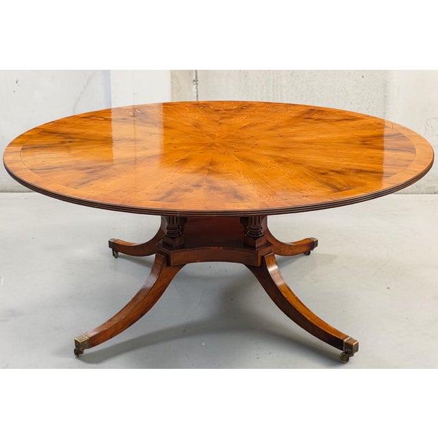 72" English Regency Revival Figured Elm Sunburst Center Pedestal Dining Table on Brass Casters For Sale - Image 14 of 16