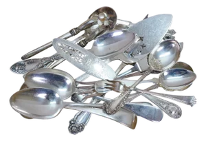 Antique Silver Plate Serving Utensils Forks Spoons Meat Fish Cake Knife - Set of 17