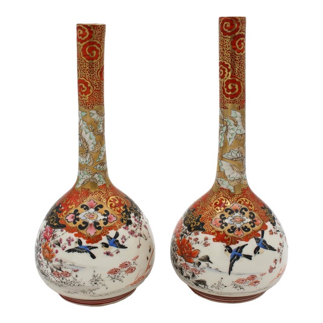 Circa 1860-80 Japanese Pair of Kutani Porcelain Bottle Vases For Sale