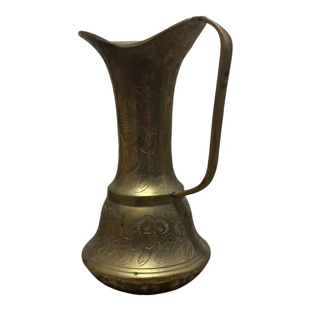 Vintage Etched Brass Pitcher Featuring Floral and Botanical Patterns. For Sale