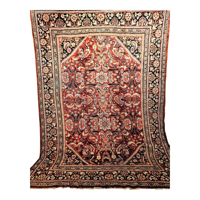 Vintage Persian Mahal Sultanabad Rug, Hand-Knotted Wool, Geometric Pattern, 9x13, Rust-Red & Navy For Sale