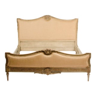 Louis Xvi Style Painted and Carved Queen Size Burlap Upholstered Bed, Circa 1920 For Sale