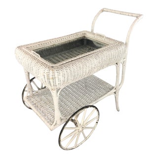Heywood Wakefield Attributed White Wicker Bar Cart For Sale