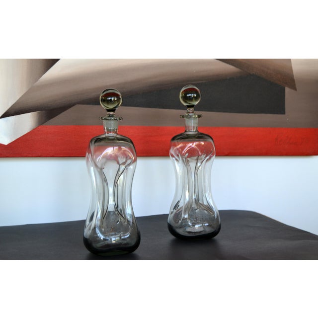 Set of 2, 1960s Jacob E. Bang Smoked Art Glass Kluk Kluk Decanter for Holmegaard For Sale - Image 9 of 12