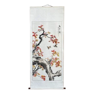 Chinese Color Ink Autumn Burn Brown Leaves Scroll Painting Wall Art