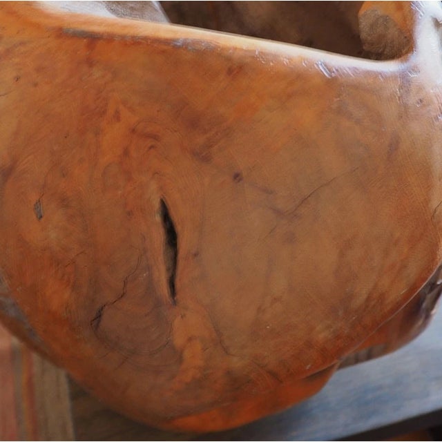 Contemporary 1960s Large Hand Carved Wood Burl Sculpture 17" Organic Modern Abstract Sphere on Base For Sale - Image 3 of 7