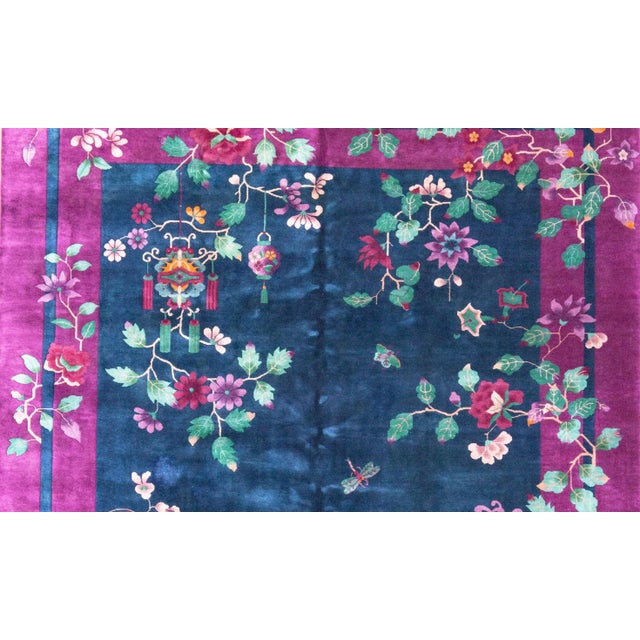Navy Blue Art Deco Chinese 11.5x8.10 Carpet, 1920's / 30's For Sale - Image 8 of 9