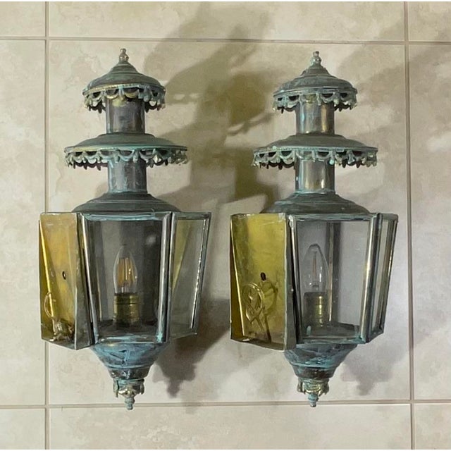 Antique/Vintage Pair of Solid Brass Patina Exterior Wall Lanterns / Sconces For Sale - Image 12 of 18