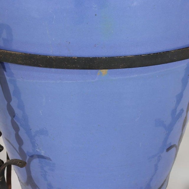 Blue Monumental Antique Arts & Crafts Pottery Oil Jar With Wrought Iron Stand C1920 For Sale - Image 8 of 10
