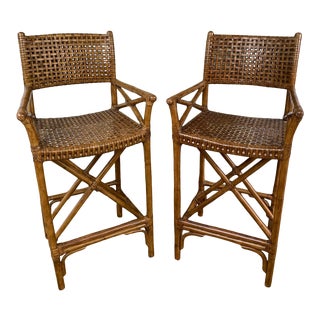 1960s McGuire Style Rattan and Leather Bar Stools - a Pair For Sale