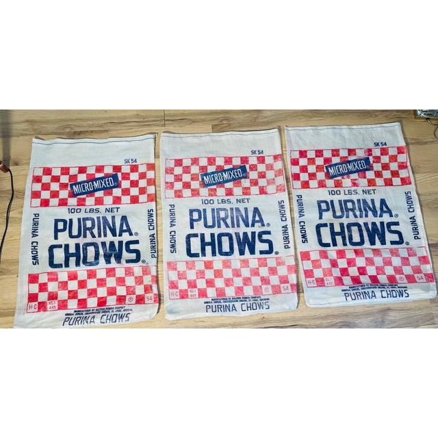 3 pcs Large Vintage Purina Chow Feed 100 lbs polymeer sacks with nice graphic design for rustic decor or farmhouse.