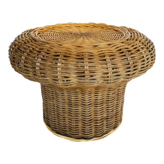 Vintage Woven Rattan Wicker Ottoman/Pouf or Side Table For Sale