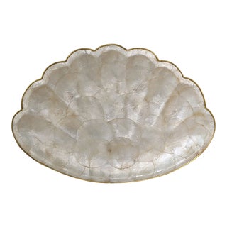 Vintage Capiz Shell Tray With Gold Brass Scalloped Edging For Sale