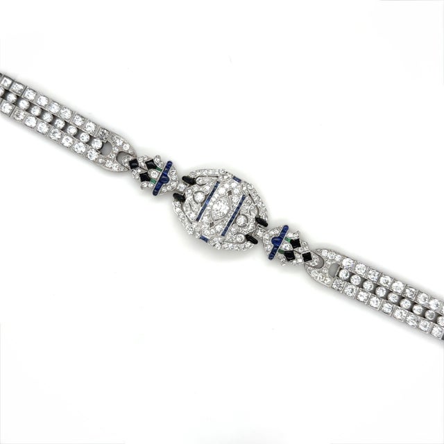 1920s Art Deco, 14.50 Carats Diamond, Sapphire and Emerald Bracelet, Platinum For Sale In Chicago - Image 6 of 11