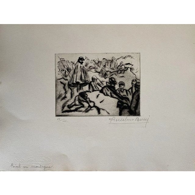 Military 1914 is a beautiful print in etching technique, realized by Anselmo Bucci (1887-1955). Hand signed. Numbered...