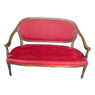 French Antique Louis XVI Style Settee 19th Century Custom Plush Red Velvet For Sale