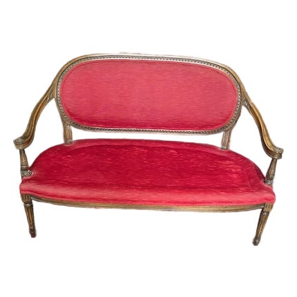 French Antique Louis XVI Style Settee 19th Century Custom Plush Red Velvet For Sale