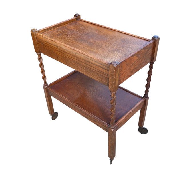 Traditional Antique Edwardian Oak Barley Twist Tea Cart For Sale - Image 3 of 6