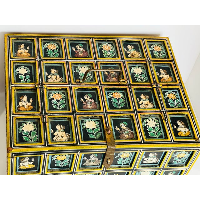 Folk Art Antique Indian Moghul Dowry Chest Hand Carved Wood Trunk Jewelry Storage For Sale - Image 3 of 9