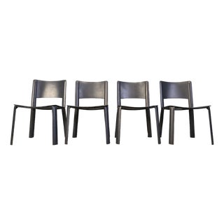 Vintage Black Leather Dining Chairs, Italy, 1980s, Set of 4 For Sale