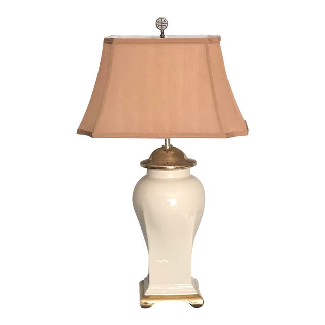 Vintage Cream & Gold Ceramic Ginger Jar Lamp With Gold Tone Shade