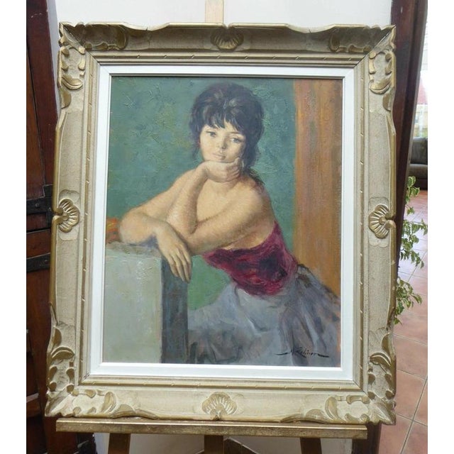 Fine 1960s Oil on Canvas Portrait of a French Girl by Marc Rebierre Material: Oil on Canvas, Wood A striking mid-20th-...