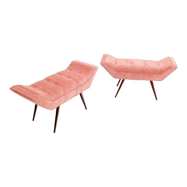 Pair of Mid-Century Modern Pink Velvet Upholstery Dowel Legs Benches For Sale