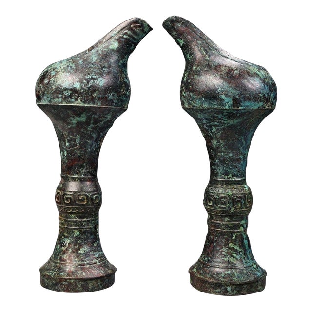 Antique Bronze Stemmed Cups With Inscriptions - Pair For Sale