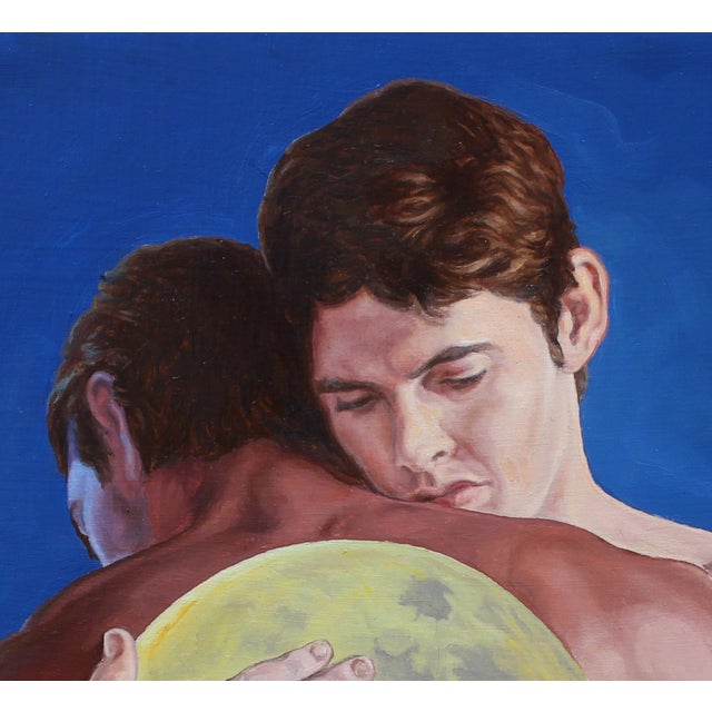 Contemporary Raven Moon by John Tarantola | Oil Painting of two men embracing with a moon and raven For Sale - Image 3 of 4