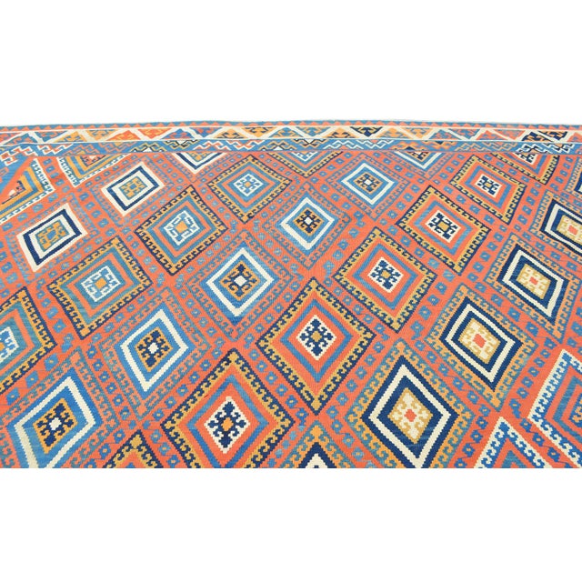 Massive Square Kilim Rug 14x15 Ft, Antique Style Turkish Flatweave, Terracotta & Denim Blue Tribal Rug, Organic Wool Rustic Farmhouse Decor For Sale - Image 12 of 16