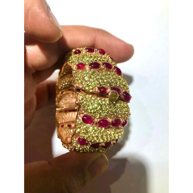 Gemstone Bochic "Capri" Natural Ruby & Natural Peridot Bangle Set In 18K Gold & Silver For Sale - Image 7 of 18
