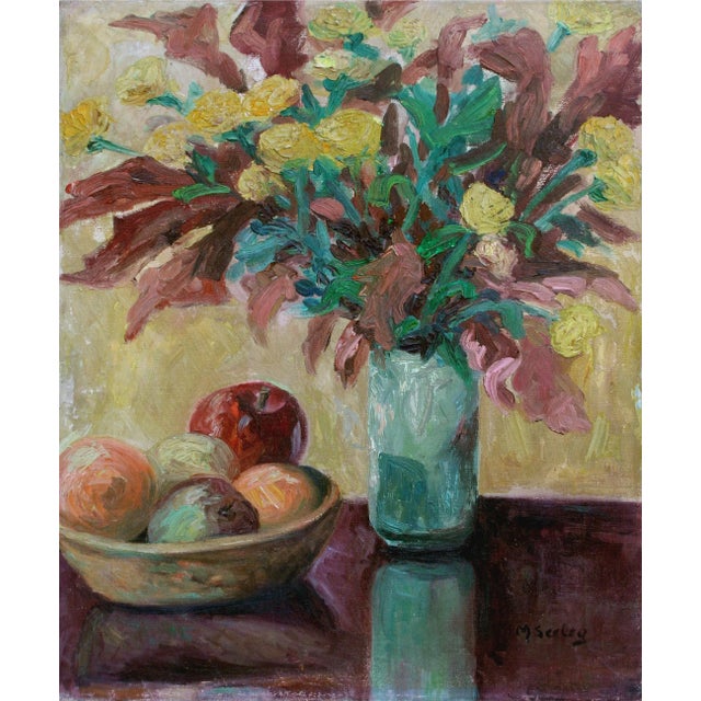 Mid 20th Century Still Life Painting with Marigolds by Mary Seeleg For Sale