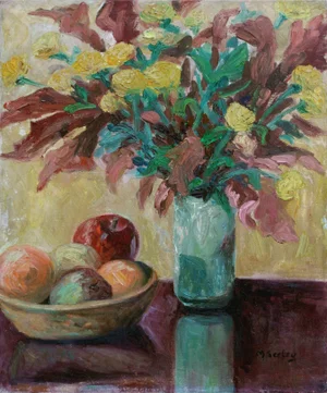 Mid 20th Century Still Life Painting with Marigolds by Mary Seeleg