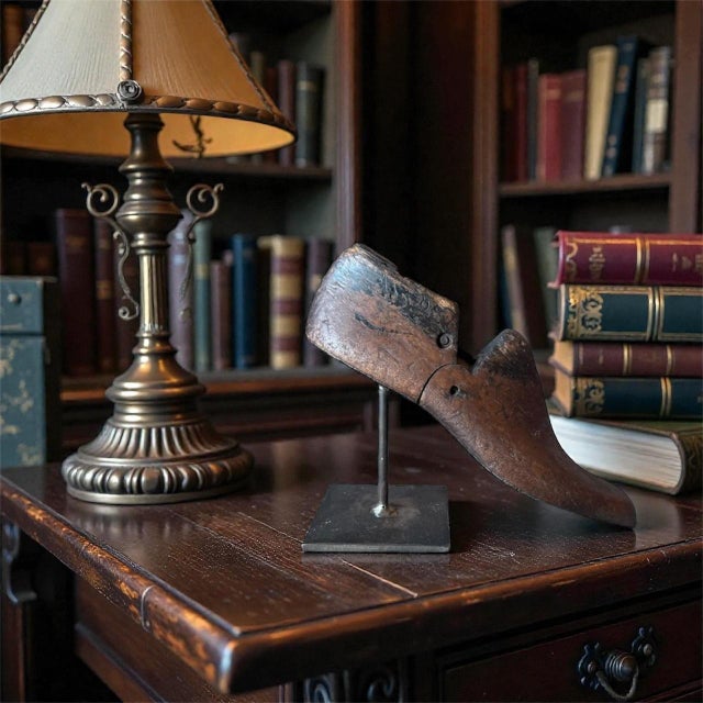 A rare 1930s custom cobbler shoe form repurposed as a striking bookend, showcasing the patina and craftsmanship of early...