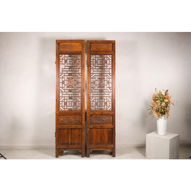 Pair of Antique Chinese Carved Elm Lattice Screens with Figural Motifs For Sale - Image 17 of 18