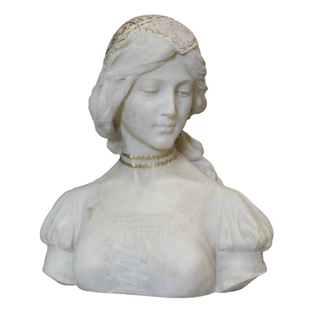 Alabaster Bust of a Young Woman with a Golden Headdress, 1900 For Sale